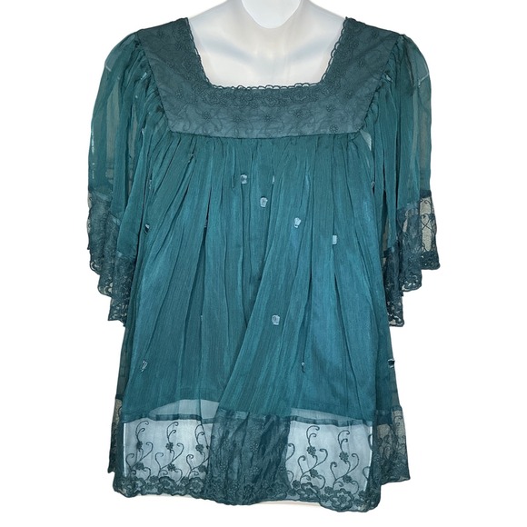 American Glamour Badgley Mischka Womens Tunic Top Sz 2X Teal Lace Flowy Boho - Picture 2 of 10